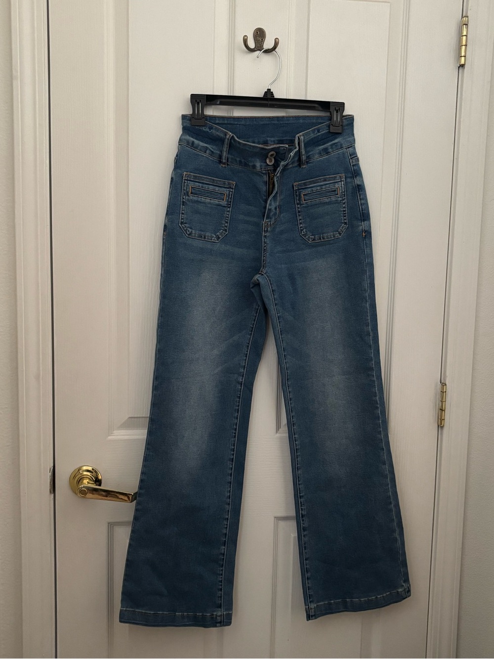 Sidefeel Women’s High Rise Wide Leg Jeans Size 6 Blue Patch Pocket 29” Inseam
